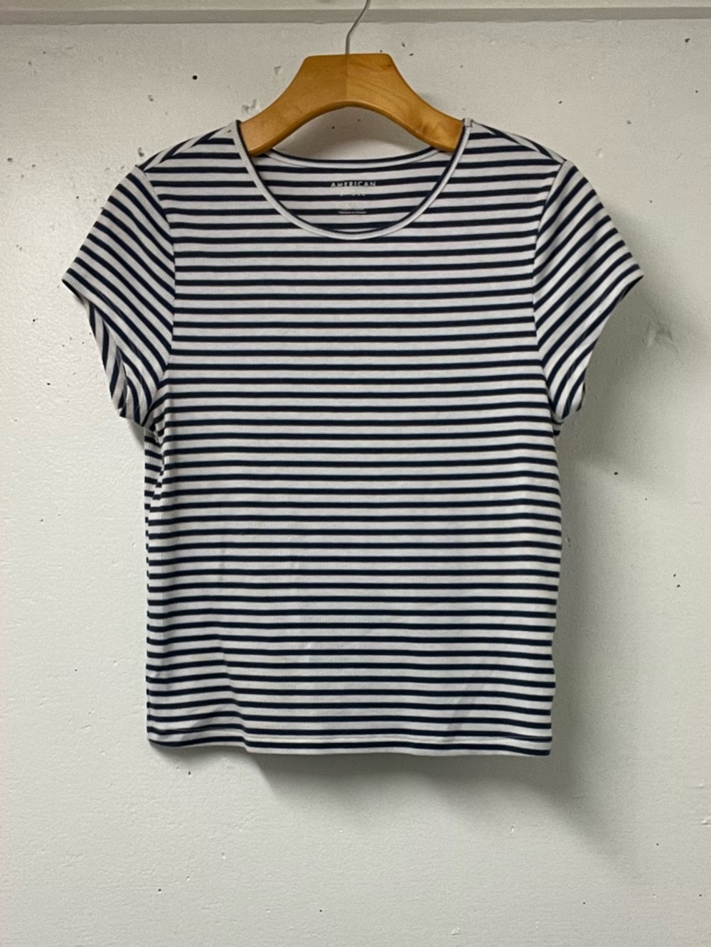 American Eagle Striped Cropped Tee Blue White Ribbed Large